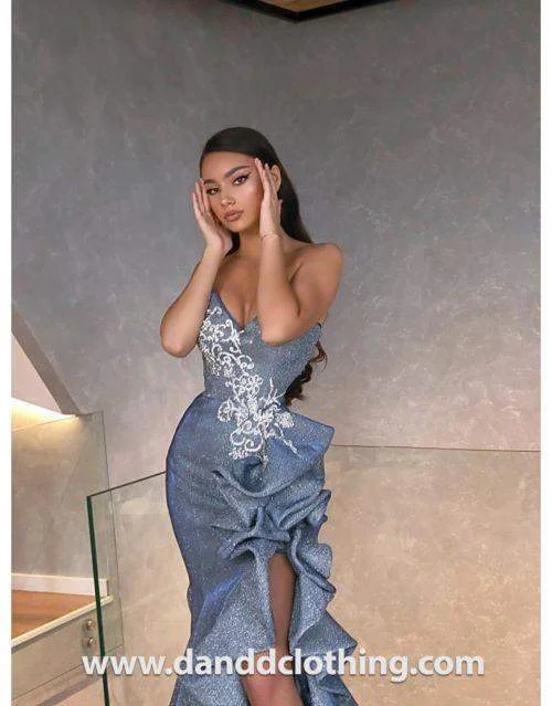 Bonus Savings Luxury Evening Dress Metallic Blue Ruffles
