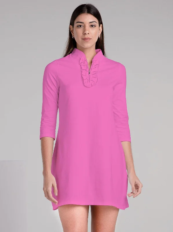Value Deals Solid Knit 3/4 Sleeve Ruffle Placket Neck  Dress