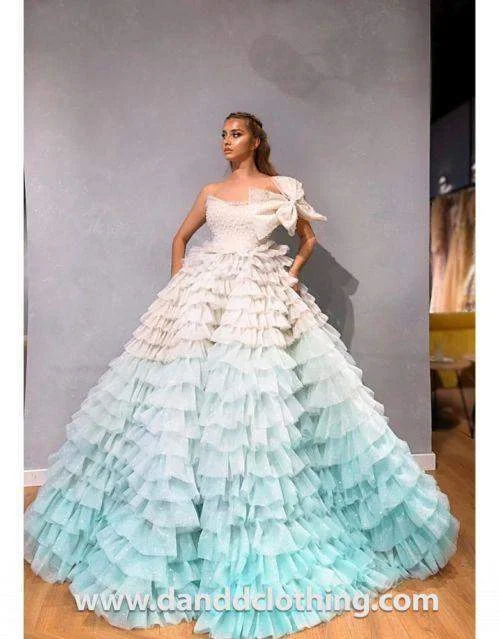 Savings Alert Luxury Evening Gown Light Blue and White Ruffled