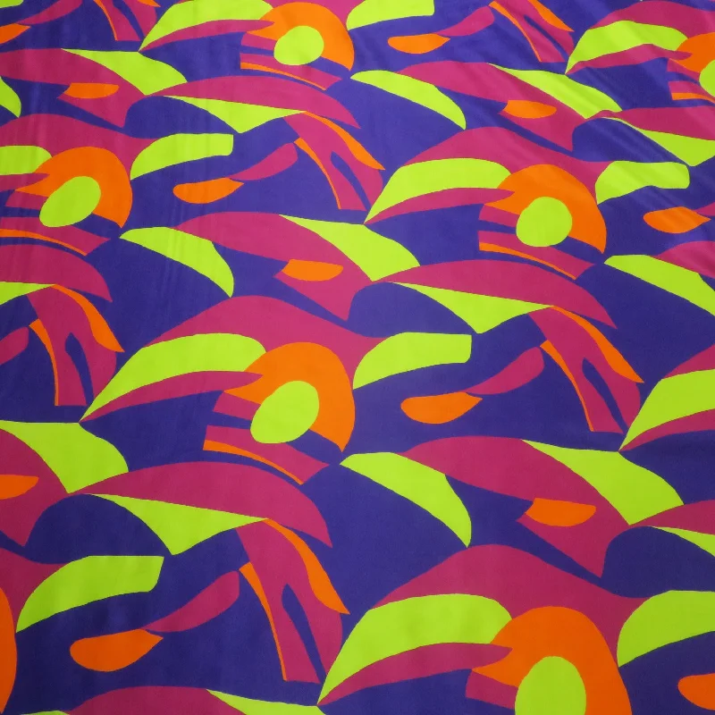Exclusive Access Magenta Orange and Yellow Geometric on Purple Background Printed Silk Charmeuse Fabric Exclusive Access Magenta Orange and Yellow Geometric on Purple Background Printed Silk Charmeuse Fabric