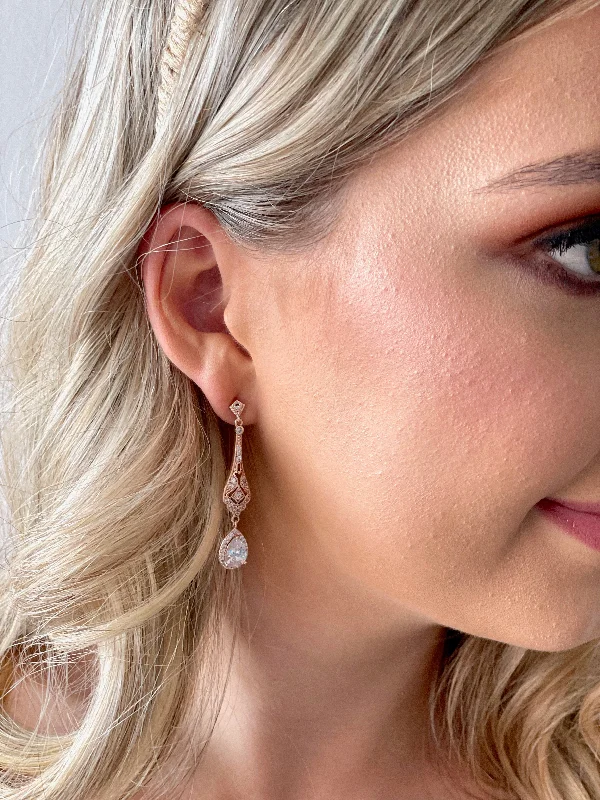Great Bargains The Gabrielle Art Deco Drop Earrings - Rose Gold