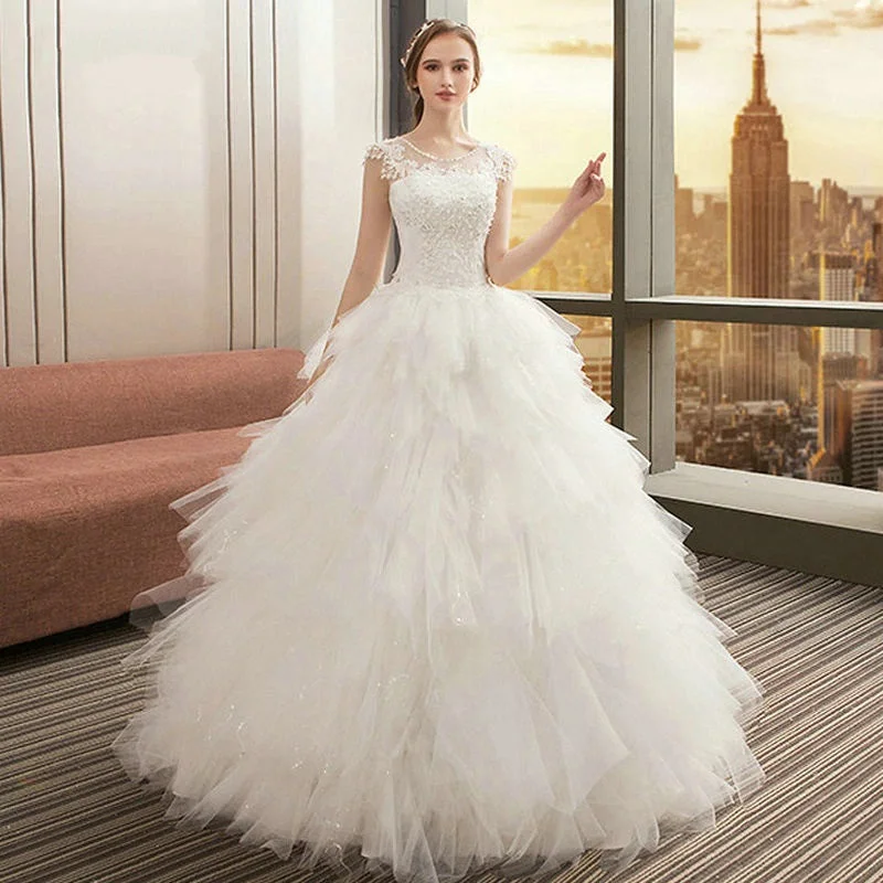 Closeout Sale Women's O-Neck Lace-Up Long Wedding Dress With Appliques