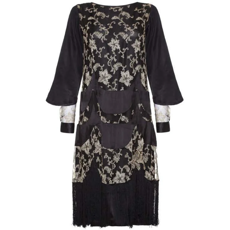 Year-End Sale 1920s Black Satin and Tulle Lace Flapper Dress
