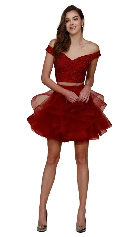 Deep Discounts Nox Anabel - A613 Off Shoulder Crop Top Ruffled Skirt Party Dress