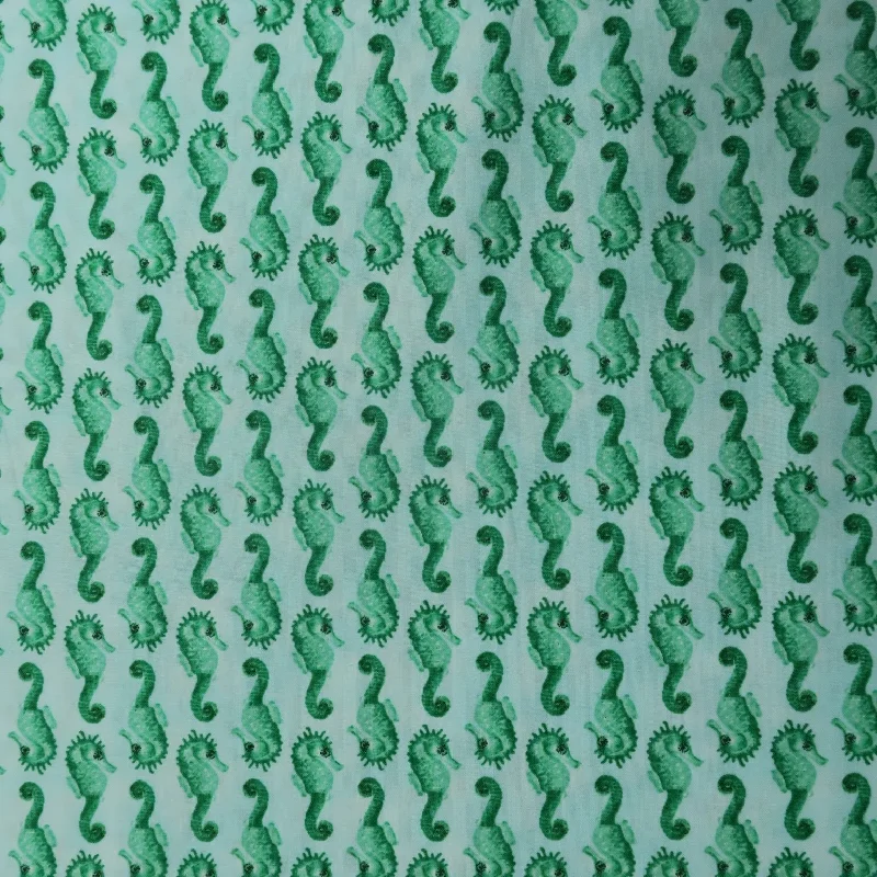 Early Access Green Seahorses on White Background Printed Cotton