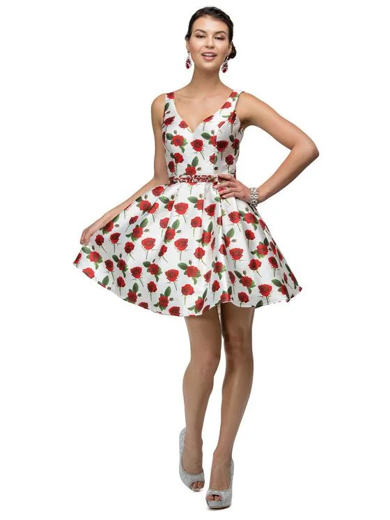 Midnight Madness Dancing Queen V-Neck Floral Dress in Rose Print 9443