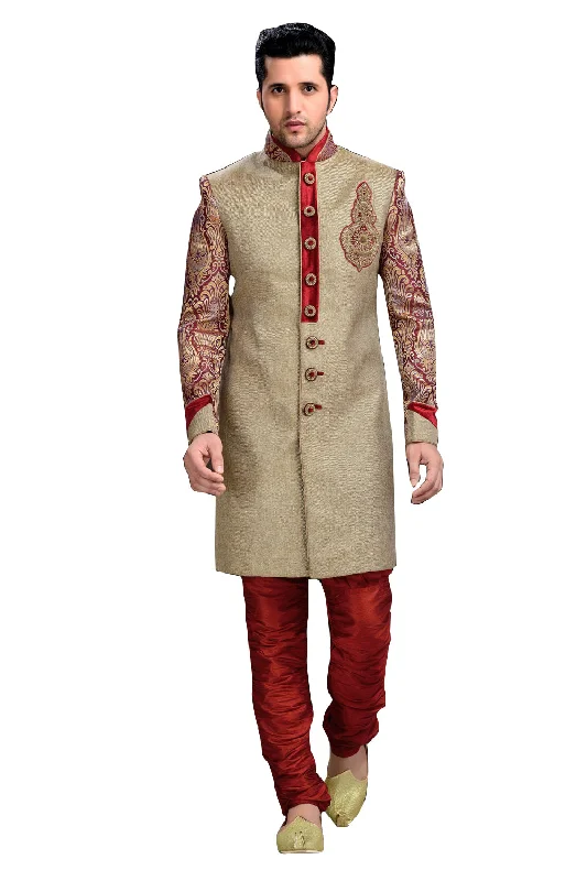 Overstock Fancy Tan Brown Jute Silk Indian Wedding Sherwani For Men