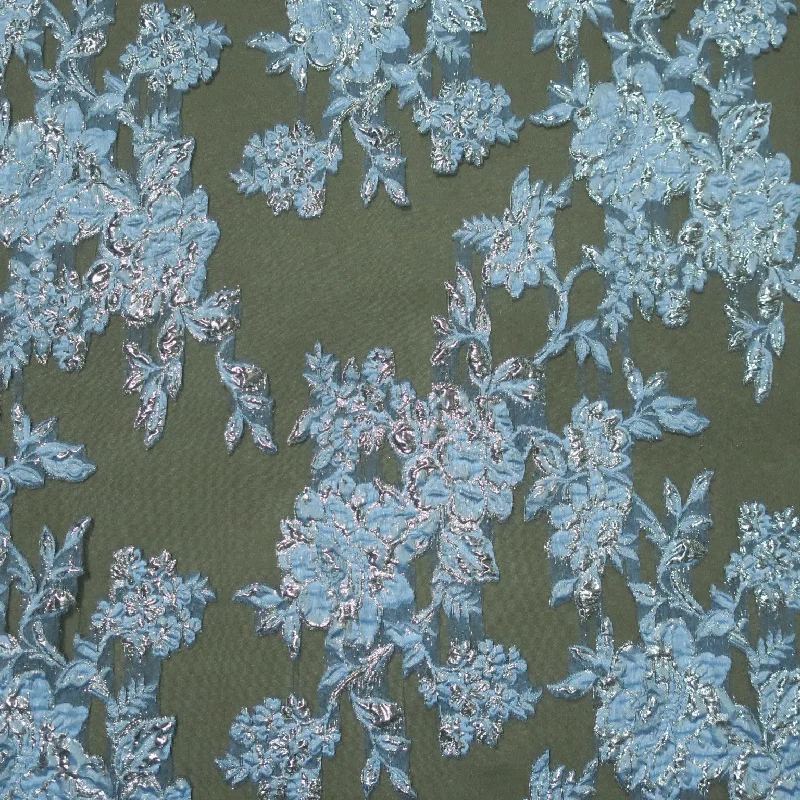 Major Savings Black Background with Light Blue Metallic Textured Embroidered Organza Fabric
