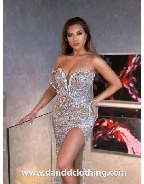 Savings Spectacular Luxury Evening Dress Silver Side Slit