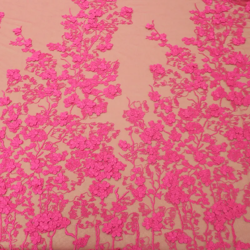 One-DAY Sale Fuchsia With High Relief Floral Embroidered Tulle Fabric