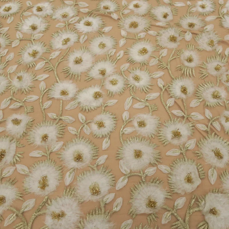 Deal Dash White Flowers with Gold Bugle Beads Embroidered Tulle Fabric