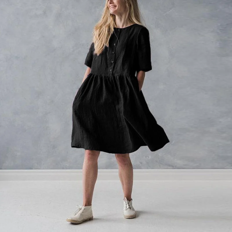 Steals and Deals Women's Summer Casual Linen O-Neck Loose Midi Dress