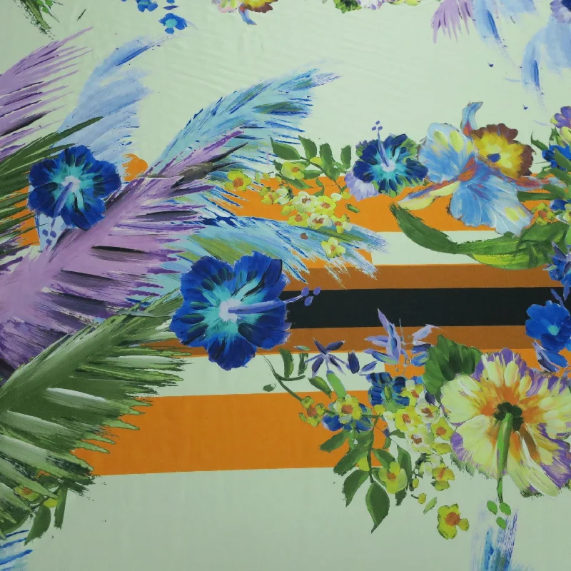 Great Deals Floral Purple and Orange with Ecru Background Charmeuse Polyester Fabric