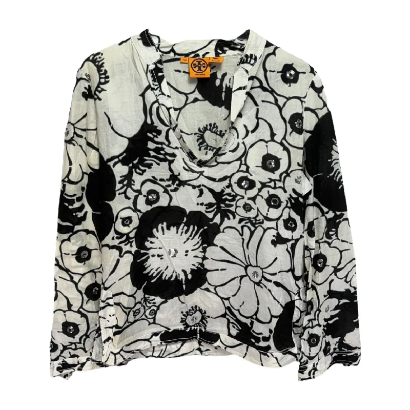 Online Only Abstract Floral Top Long Sleeve Designer By Tory Burch In Black & White, Size: S