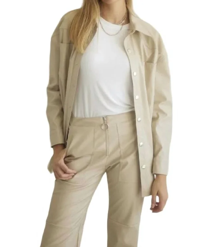 Special Promotion Button Down Faux Leather Shacket In Beige
