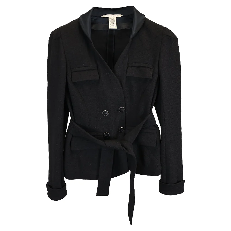 Early Access Diane Van Furstenberg Tie-Waist Double-Breasted Blazer in Black Wool
