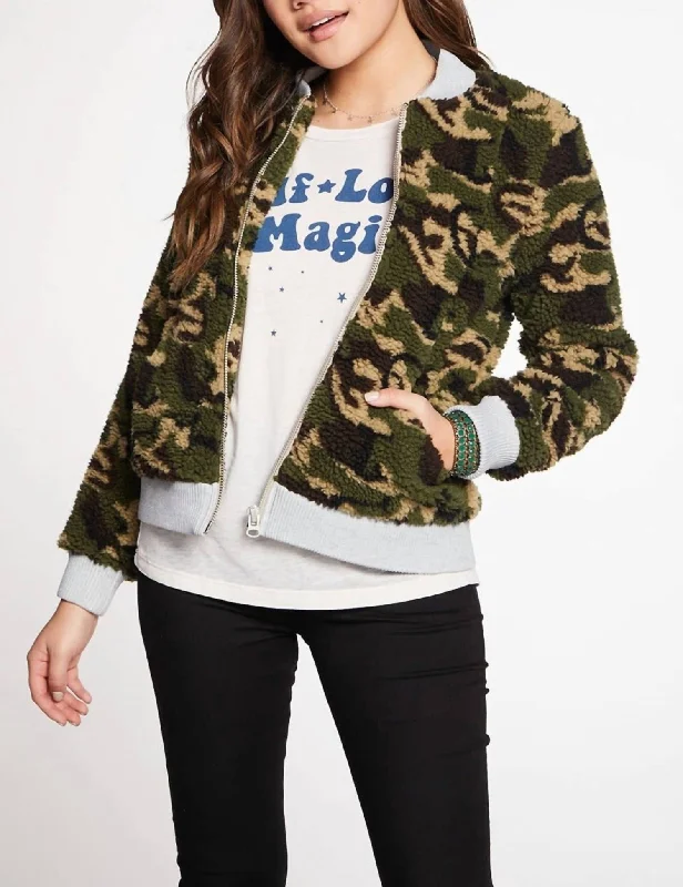 Best Bargains Faux Fur Bomber Jacket In Camo