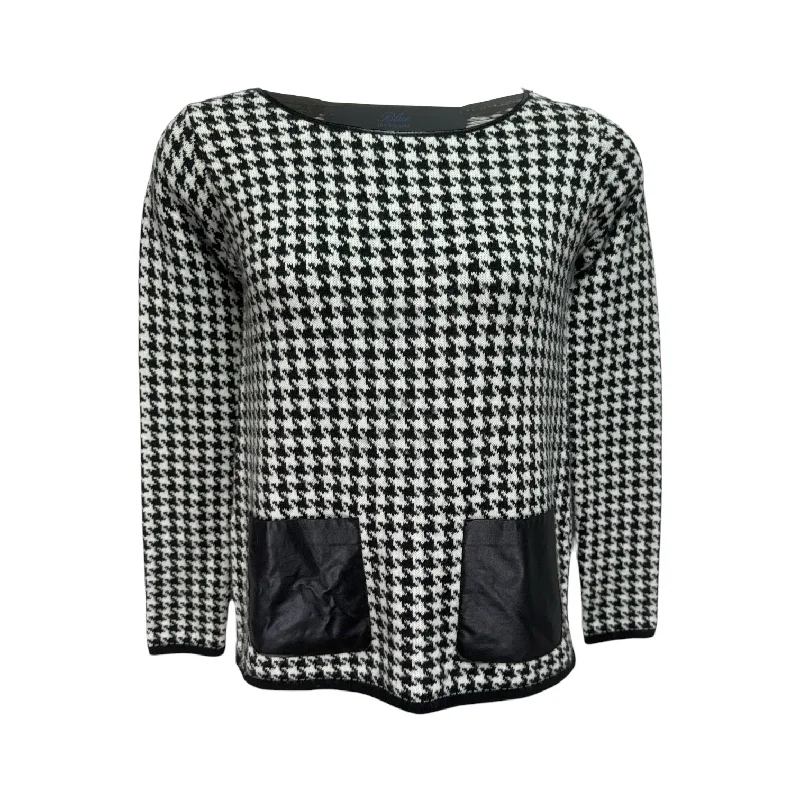 Limited Edition Faux Leather Trim Herringbone Sweater By Blue In Black & White, Size: 8