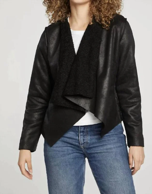 Final Markdown Faux Suede Shearling Reversible Ls Waterfall Neck Jacket In True Black