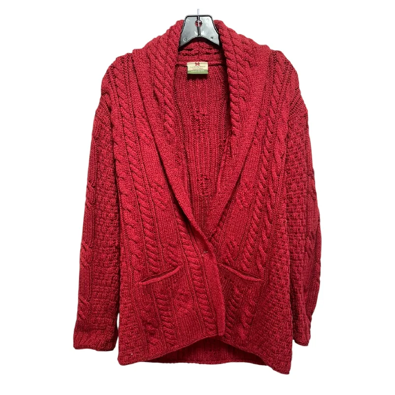 Daily Deals Irish Cable Knit Merino Wool Sweater Cardigan By Carraigdonn In Red, Size: M