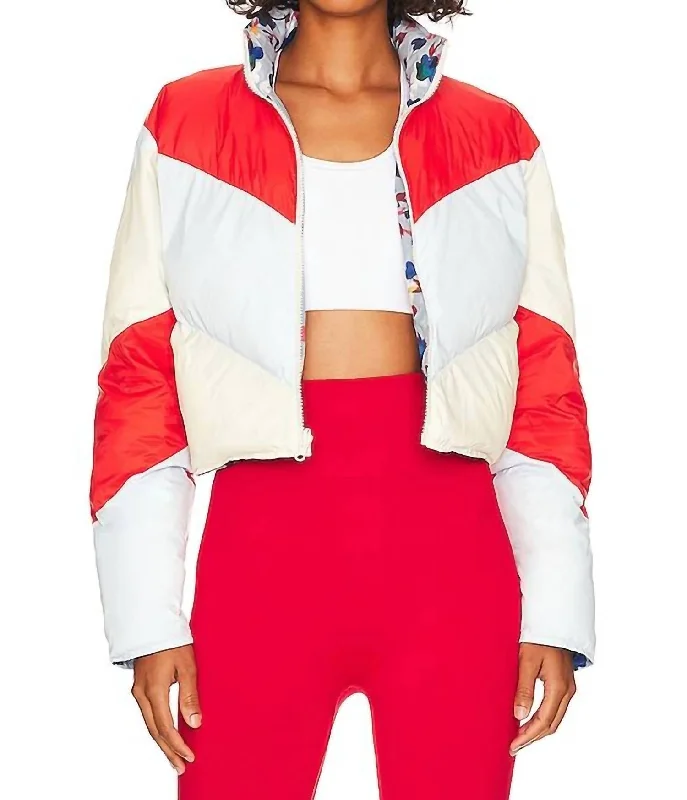 Early Access Karter Reversible Puffer Jacket In Ice Blue, Eggshell, & Apple Red