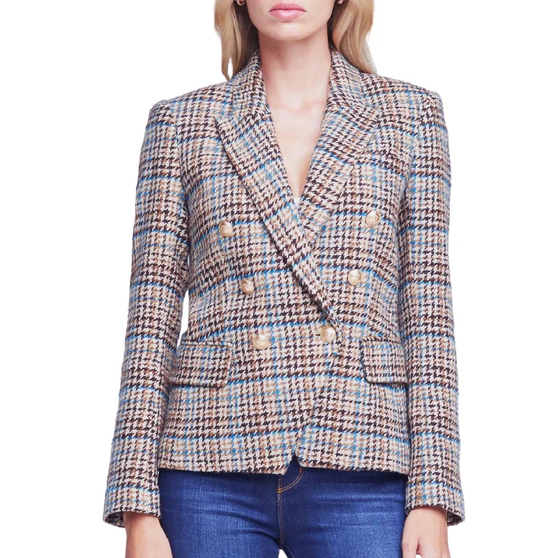 Kenzie Tweed Double-Breasted Blazer  In Tan Teal Multi Twill Plaid/star