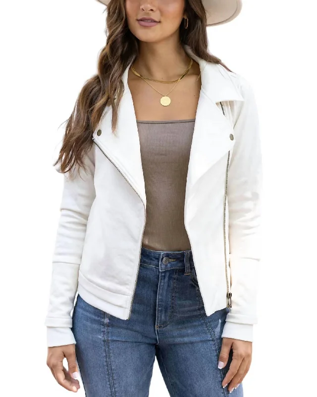 Hurry In Move Free Leather-Like Moto Jacket In Cream