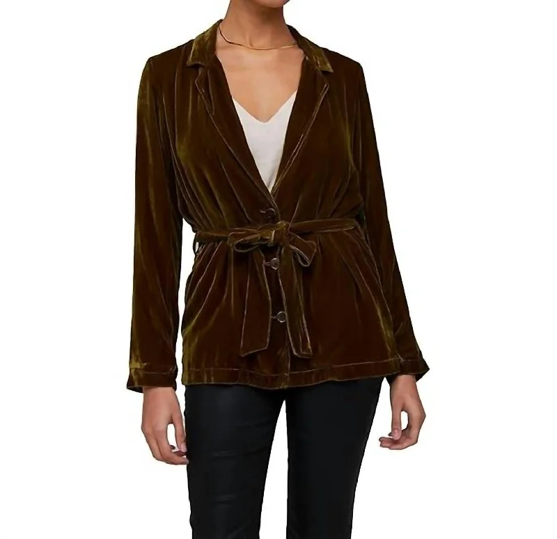 Notch Collar Belted Blazer In Olive Gold