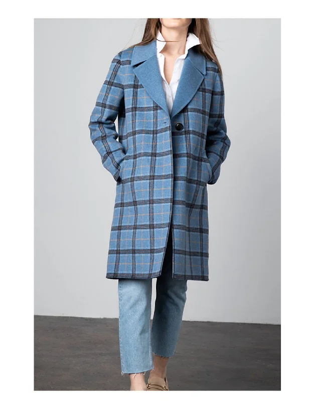 New Deals Plaid Notch Collar Coat In Blue Multi