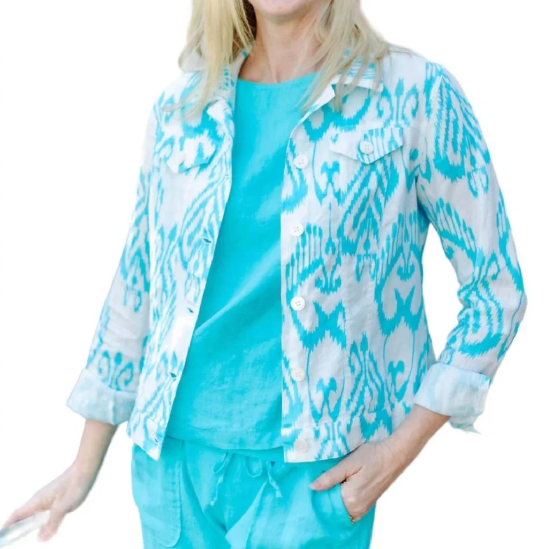 Steals and Deals Print Jean Jacket In Turquoise