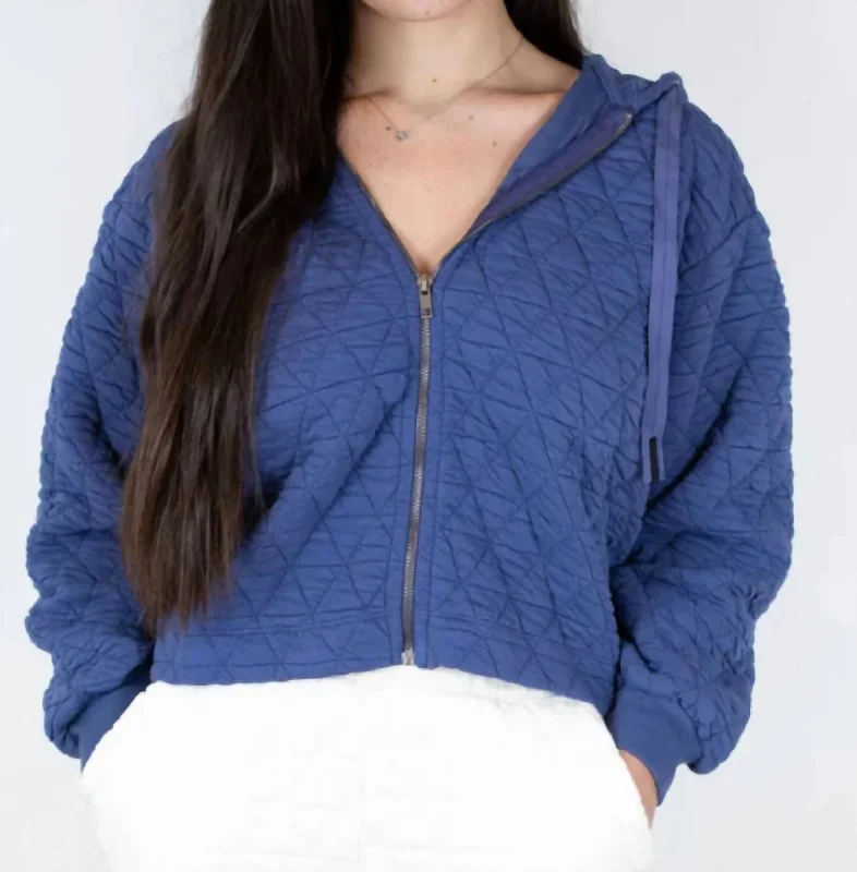 Hurry In Quilted Knit Zip-Up Jacket In Denim