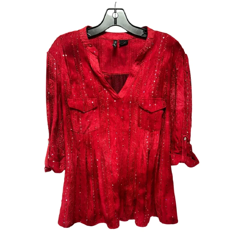 Price Break Sequined Top 3/4 Sleeve By New Directions In Red, Size: 2x
