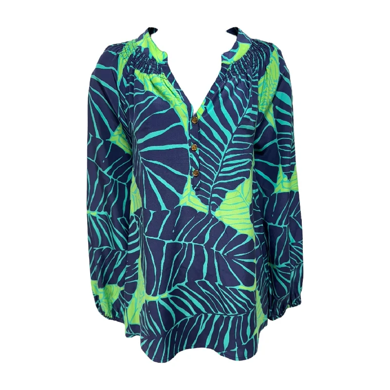 Markdowns Silk Top Long Sleeve Designer By Lilly Pulitzer In Blue & Green, Size: S