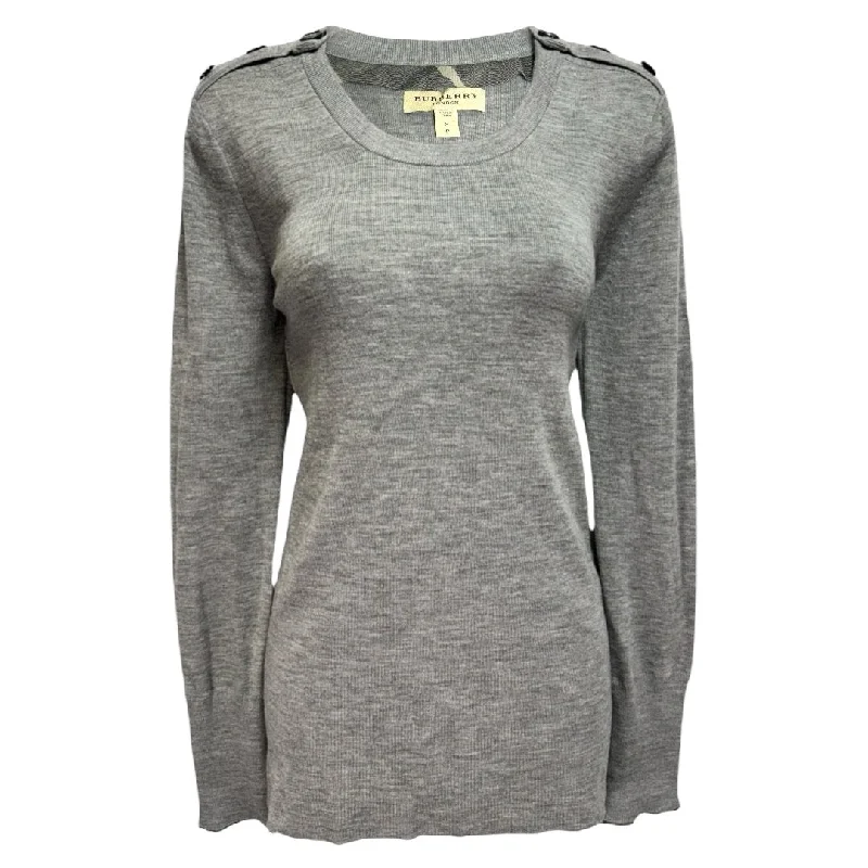 Limited Availability Superfine Merino Wool Button Shoulder Sweater Luxury Designer By Burberry In Grey, Size: S