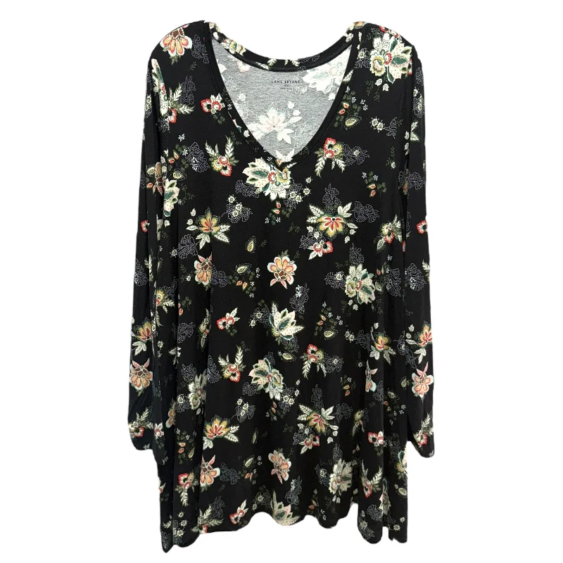 Year-End Sale Swing Long-Sleeve V-Neck Tee By Lane Bryant In Black Floral Print, Size: 1x