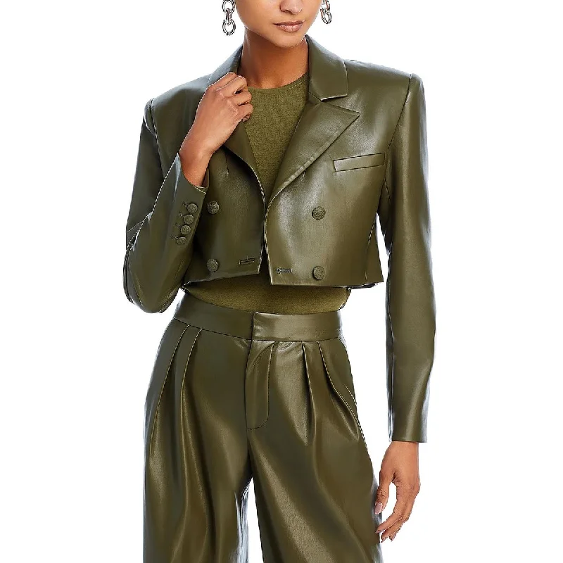 Discount Extravaganza Womens Faux Leather Cropped Double-Breasted Blazer