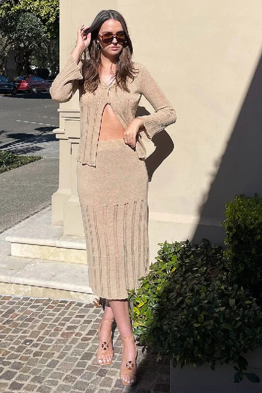 Act Now Beige Cardigan Long Sleeve V Neck Button Ladder Knitted