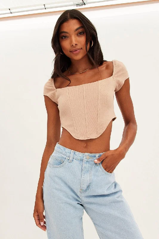 Reduced Prices Beige Corset Crop Top Short Sleeve Square Neck