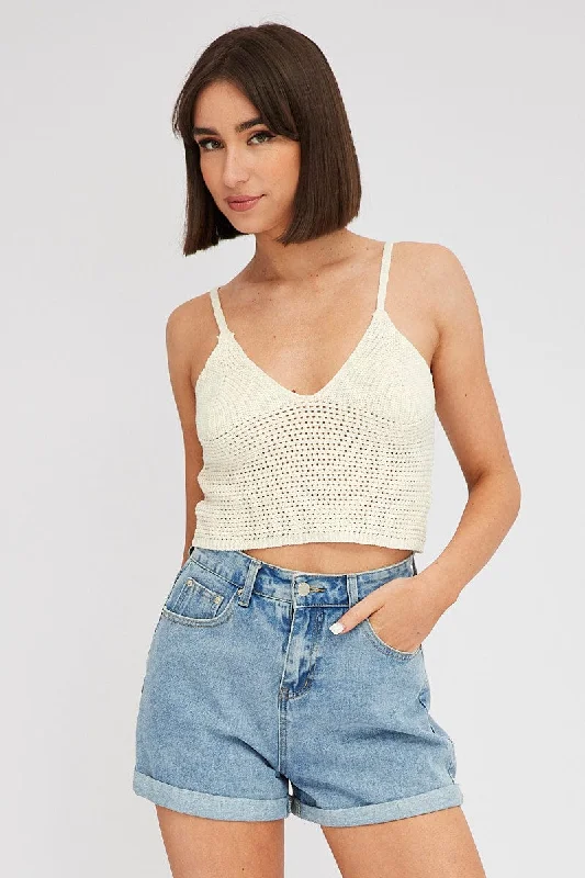 Steals and Deals Beige Crochet Singlet Top V Neck