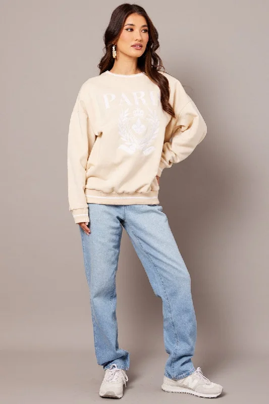 Fantastic Deals Beige Graphic Sweater Long Sleeve