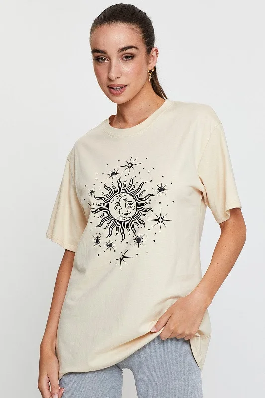 Year-End Sale Beige Graphic T Shirt Short Sleeve