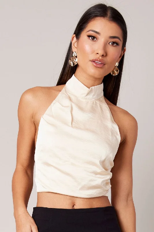 Deal Explosion Beige High Neck Top Sleeveless Tie Back Satin