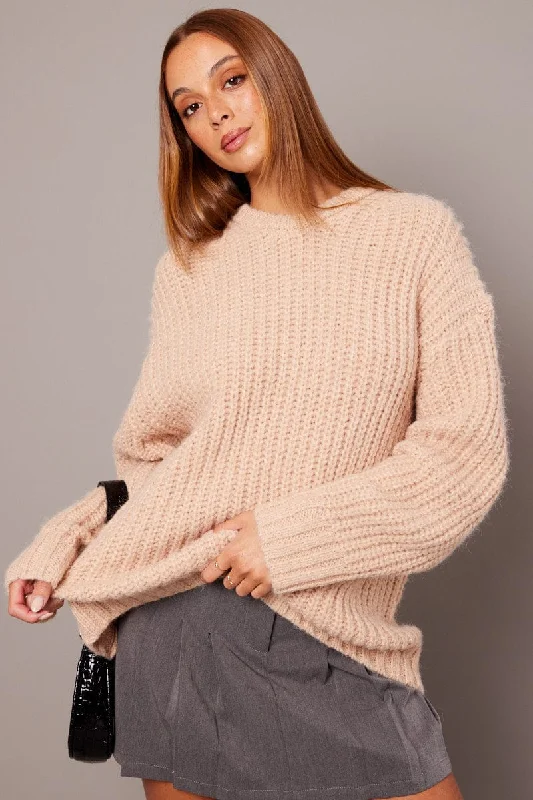 Great Deals Beige Knit Top Long Sleeve Chunky