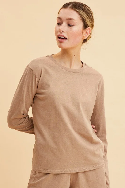 Exclusive Access Beige Long Sleeve T-Shirt Crew Neck Cotton Regular Fit