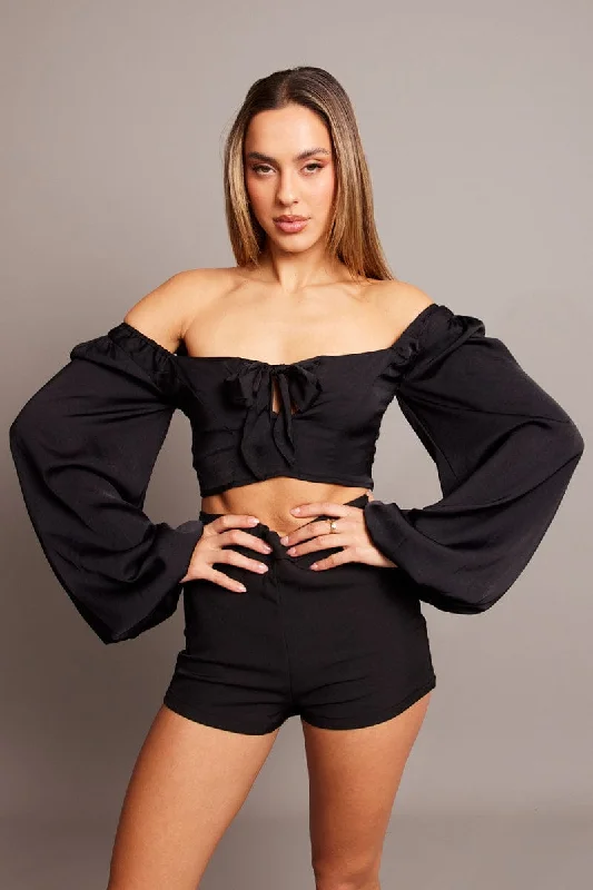 Exclusive Savings Black Bow Top Balloon Sleeve Satin Top