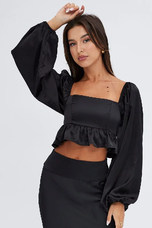 Major Savings Black Crop Top Long Sleeve Square Neck Frill Hem Satin