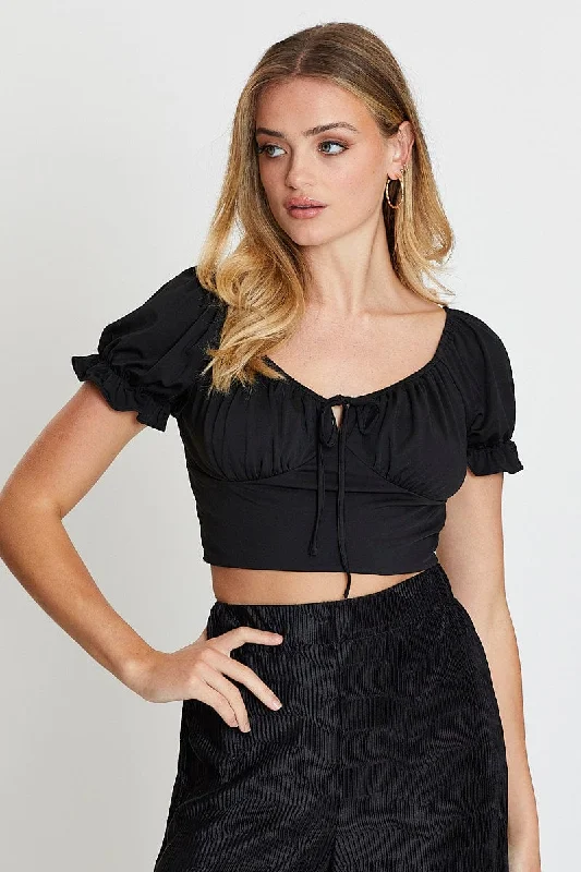 Exclusive Preview Black Jersey Top Puff Sleeve Ruche