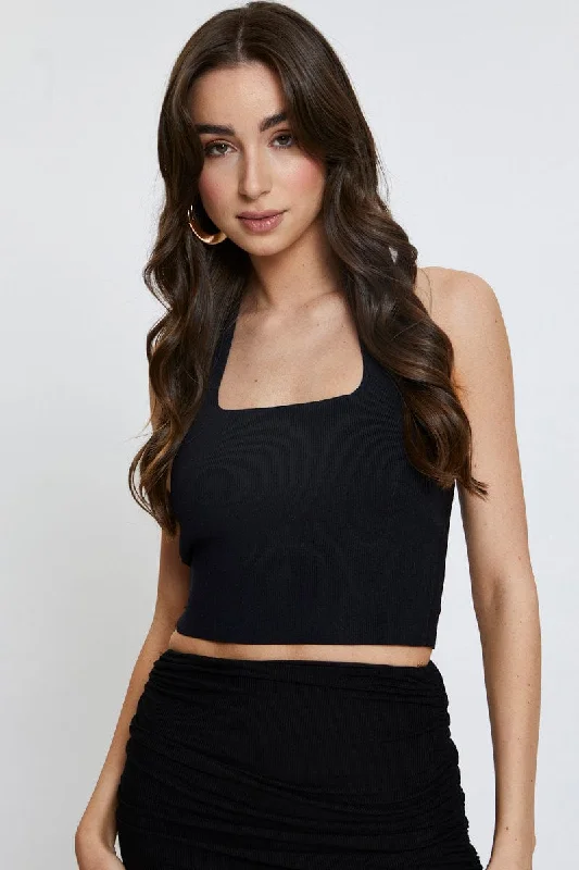 Fantastic Offers Black Knit Top Sleeveless Crop Halter