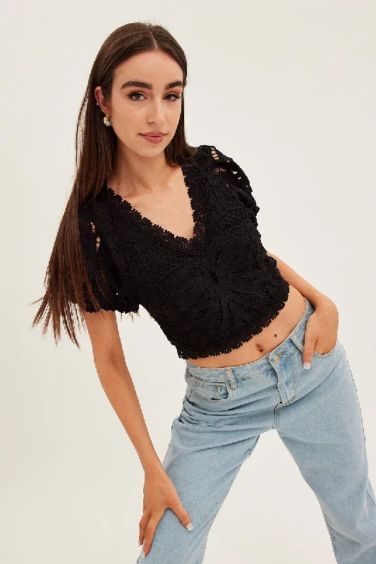 Great Deals Black Lace Top Short Sleeve V Neck Crop