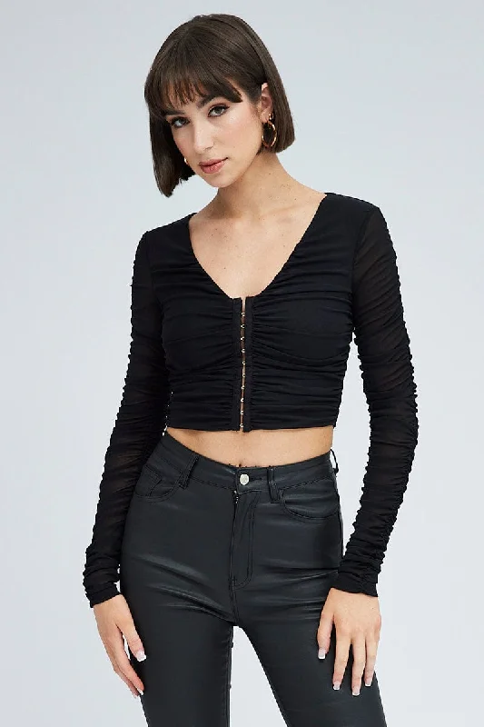 Value Deals Black Mesh Top Long Sleeve Ruched Hook And Eye